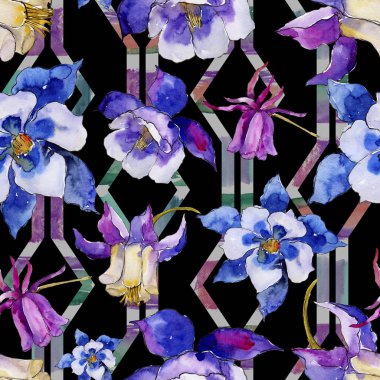 Suluboya mavi aquilegia çiçek. Sorunsuz arka plan deseni. Kumaş duvar kağıdı yazdırma doku. Arka plan, doku, sarıcı desen, çerçeve veya kenarlık için Aquarelle kır çiçeği.