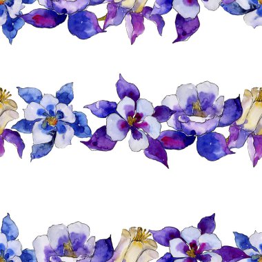 Suluboya mavi aquilegia çiçek. Sorunsuz arka plan deseni. Kumaş duvar kağıdı yazdırma doku. Arka plan, doku, sarıcı desen, çerçeve veya kenarlık için Aquarelle kır çiçeği.