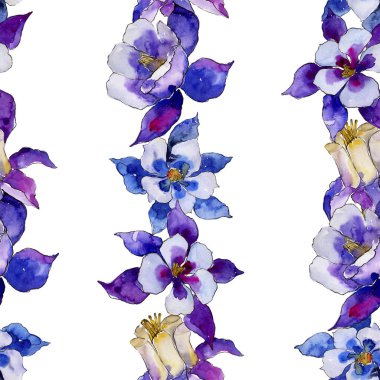 Suluboya mavi aquilegia çiçek. Sorunsuz arka plan deseni. Kumaş duvar kağıdı yazdırma doku. Arka plan, doku, sarıcı desen, çerçeve veya kenarlık için Aquarelle kır çiçeği.