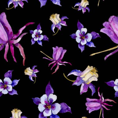 Suluboya mavi aquilegia çiçek. Sorunsuz arka plan deseni. Kumaş duvar kağıdı yazdırma doku. Arka plan, doku, sarıcı desen, çerçeve veya kenarlık için Aquarelle kır çiçeği.