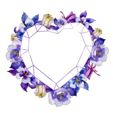 Suluboya mavi aquilegia çiçek. Botanik çiçek. Çerçeve kenarlığı süsleme Meydanı. Arka plan, doku, sarıcı desen, çerçeve veya kenarlık için Aquarelle kır çiçeği.
