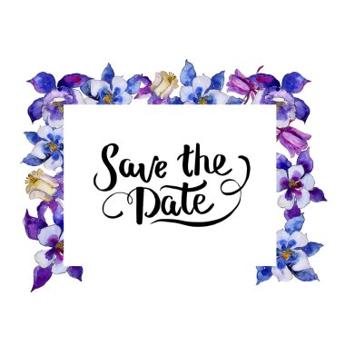 Suluboya mavi aquilegia çiçek. Botanik çiçek. Çerçeve kenarlığı süsleme Meydanı. Arka plan, doku, sarıcı desen, çerçeve veya kenarlık için Aquarelle kır çiçeği.