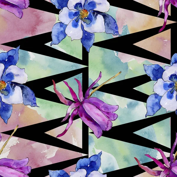 Цветок Акварели Голубой Аквилегии Бесшовный Рисунок Фона Ткань Обои Печать — стоковое фото