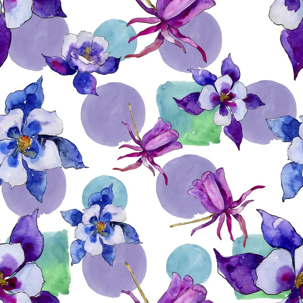 水彩の青いオダマキの花 シームレスな背景パターン 壁紙印刷手触りの生地 テクスチャ ラッパー パターン フレームや境界線の Aquarelle ワイルドフラワー — ストック写真