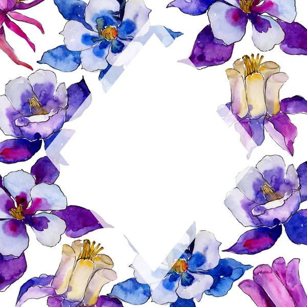 水彩の青いオダマキの花 花植物の花 フレーム枠飾りスクエア テクスチャ ラッパー パターン フレームや境界線の Aquarelle ワイルドフラワー — ストック写真