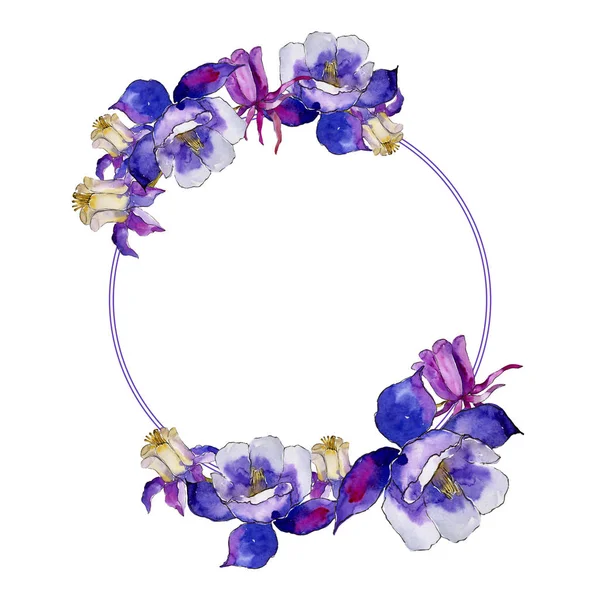 Ακουαρέλα Aquilegia Μπλε Λουλούδι Floral Βοτανικό Λουλούδι Πλατεία Στολίδι Περίγραμμα — Φωτογραφία Αρχείου