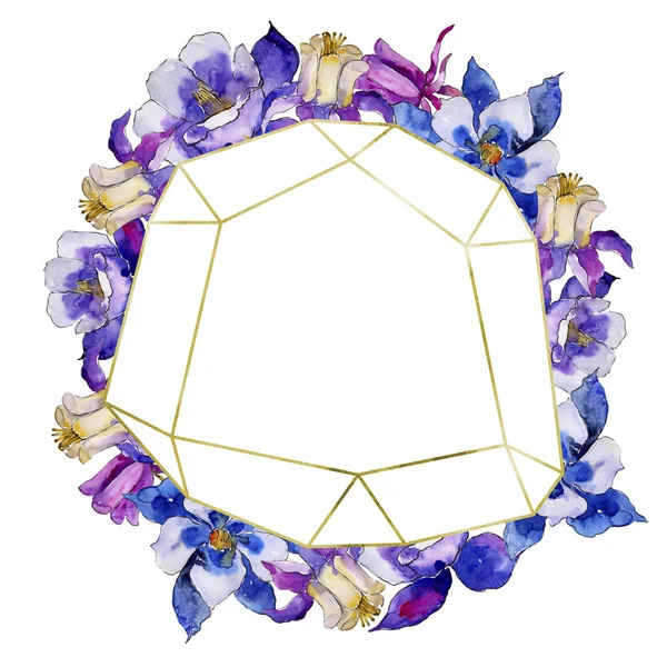 Aquarell Blaue Aquilegia Blume Blütenbotanische Blume Rahmen Bordüre Ornament Quadrat — Stockfoto