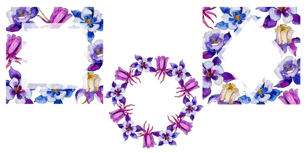 Aquarell Blaue Aquilegia Blume Blütenbotanische Blume Rahmen Bordüre Ornament Quadrat — Stockfoto