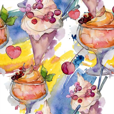 Bir cam tatlı yaz gıda dondurma. Sorunsuz arka plan deseni. Kumaş duvar kağıdı yazdırma doku. Lezzet şeker toplama: çilek, krem, koni, soğuk süt snack. 