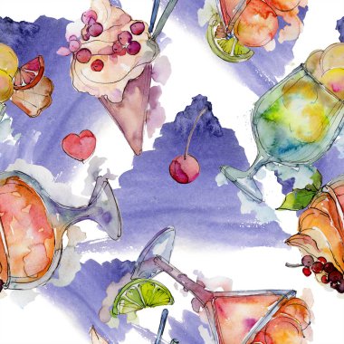 Bir cam tatlı yaz gıda dondurma. Sorunsuz arka plan deseni. Kumaş duvar kağıdı yazdırma doku. Lezzet şeker toplama: çilek, krem, koni, soğuk süt snack. 