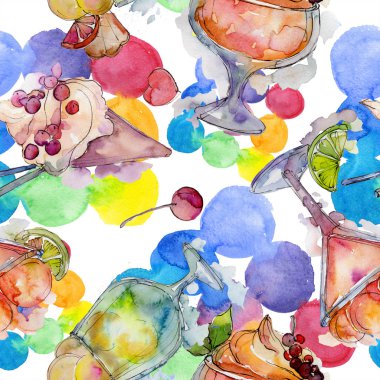 Bir cam tatlı yaz gıda dondurma. Sorunsuz arka plan deseni. Kumaş duvar kağıdı yazdırma doku. Lezzet şeker toplama: çilek, krem, koni, soğuk süt snack. 