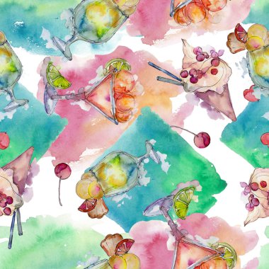 Bir cam tatlı yaz gıda dondurma. Sorunsuz arka plan deseni. Kumaş duvar kağıdı yazdırma doku. Lezzet şeker toplama: çilek, krem, koni, soğuk süt snack. 