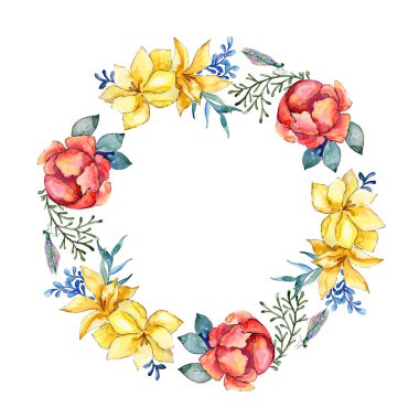 Sulu boya renkli buket çiçek. Botanik çiçek. Çerçeve kenarlığı süsleme Meydanı. Arka plan, doku, sarıcı desen, çerçeve veya kenarlık için Aquarelle kır çiçeği.
