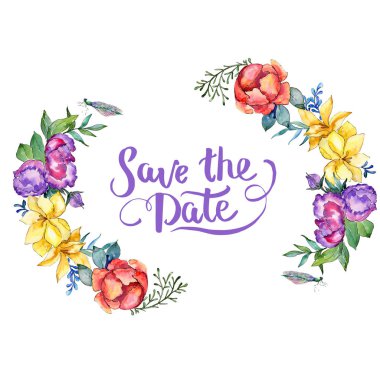 Sulu boya renkli buket çiçek. Botanik çiçek. Çerçeve kenarlığı süsleme Meydanı. Arka plan, doku, sarıcı desen, çerçeve veya kenarlık için Aquarelle kır çiçeği.