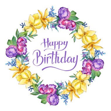 Sulu boya renkli buket çiçek. Botanik çiçek. Çerçeve kenarlığı süsleme Meydanı. Arka plan, doku, sarıcı desen, çerçeve veya kenarlık için Aquarelle kır çiçeği.