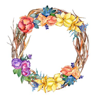 Sulu boya renkli buket çiçek. Botanik çiçek. Çerçeve kenarlığı süsleme Meydanı. Arka plan, doku, sarıcı desen, çerçeve veya kenarlık için Aquarelle kır çiçeği.