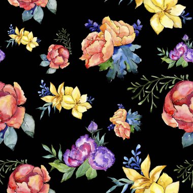 Sulu boya renkli buket çiçek. Botanik çiçek. Sorunsuz arka plan deseni. Kumaş duvar kağıdı yazdırma doku. Arka plan, doku, sarıcı desen, kenarlık için Aquarelle kır çiçeği.