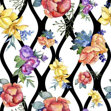 Sulu boya renkli buket çiçek. Botanik çiçek. Sorunsuz arka plan deseni. Kumaş duvar kağıdı yazdırma doku. Arka plan, doku, sarıcı desen, kenarlık için Aquarelle kır çiçeği.