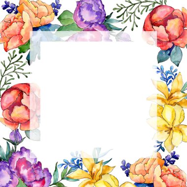 Sulu boya renkli buket çiçek. Botanik çiçek. Çerçeve kenarlığı süsleme Meydanı. Arka plan, doku, sarıcı desen, çerçeve veya kenarlık için Aquarelle kır çiçeği.