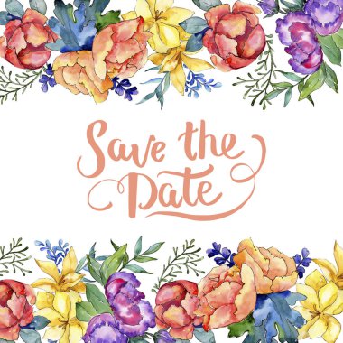 Sulu boya renkli buket çiçek. Botanik çiçek. Çerçeve kenarlığı süsleme Meydanı. Arka plan, doku, sarıcı desen, çerçeve veya kenarlık için Aquarelle kır çiçeği.