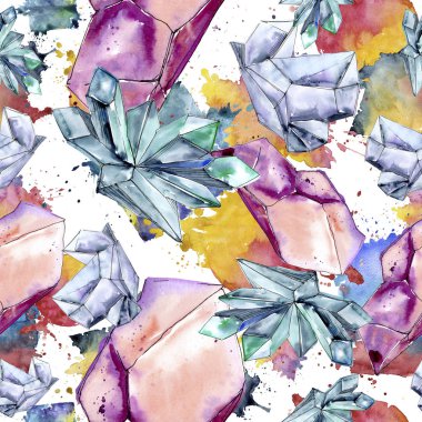 Renkli elmas taş takı mineral. Sorunsuz arka plan deseni. Kumaş duvar kağıdı yazdırma doku. Geometrik kuvars çokgen kristal taş mozaik şekil Ametist mücevher.