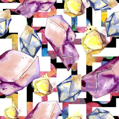 Renkli elmas taş takı mineral. Sorunsuz arka plan deseni. Kumaş duvar kağıdı yazdırma doku. Geometrik kuvars çokgen kristal taş mozaik şekil Ametist mücevher.