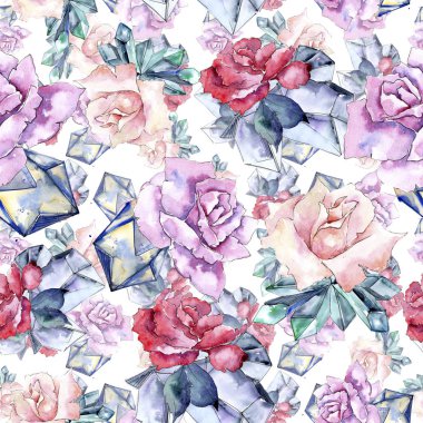 Renkli elmas taş takı mineral. Sorunsuz arka plan deseni. Kumaş duvar kağıdı yazdırma doku. Geometrik kuvars çokgen kristal taş mozaik şekil Ametist mücevher.