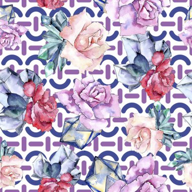 Renkli elmas taş takı mineral. Sorunsuz arka plan deseni. Kumaş duvar kağıdı yazdırma doku. Geometrik kuvars çokgen kristal taş mozaik şekil Ametist mücevher.