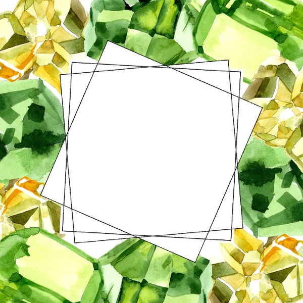 Green diamond rock jewelry mineral. Frame border ornament square. Geometric quartz polygon crystal stone mosaic shape amethyst gem.