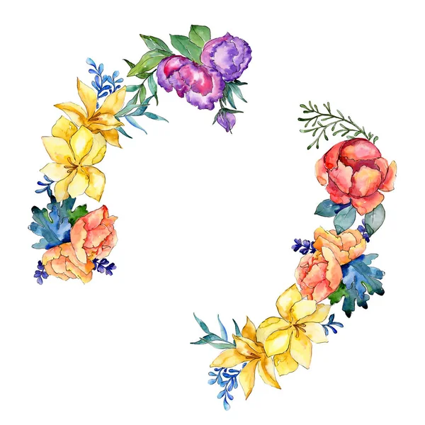Ακουαρέλα Πολύχρωμο Μπουκέτο Λουλουδιών Floral Βοτανικό Λουλούδι Πλατεία Στολίδι Περίγραμμα — Φωτογραφία Αρχείου