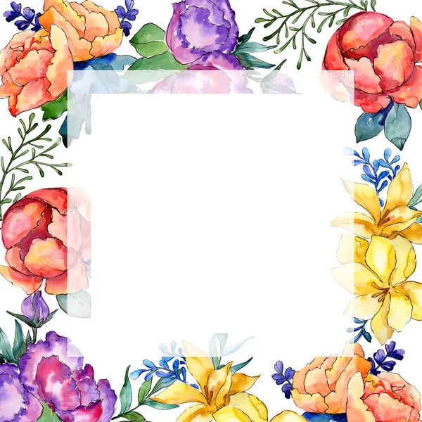 Acquerello Colorato Fiore Bouquet Fiore Botanico Floreale Quadrato Ornamento Bordo — Foto Stock