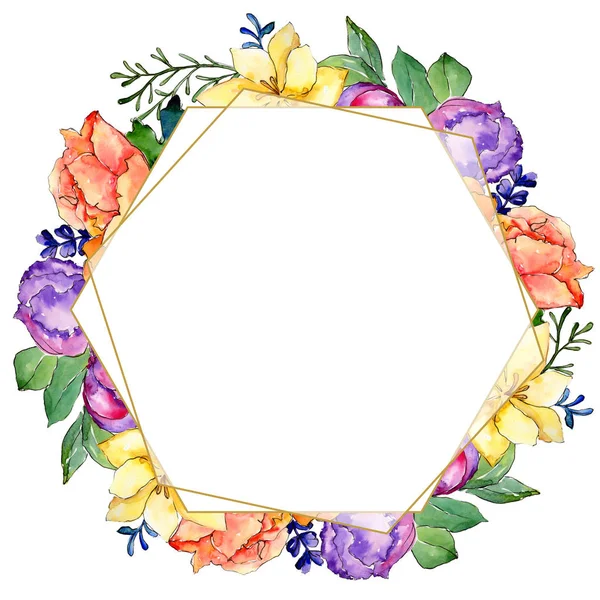 水彩五颜六色的花束花 花卉植物花 框边框装饰广场 包装图案 框架或边框的水彩画野花 — 图库照片