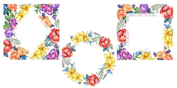 Akvarell Színes Csokor Virág Virágos Botanikai Virág Test Határ Dísz — Stock Fotó