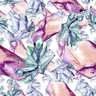 Renkli elmas taş takı mineral. Sorunsuz arka plan deseni. Kumaş duvar kağıdı yazdırma doku. Geometrik kuvars çokgen kristal taş mozaik şekil Ametist mücevher.