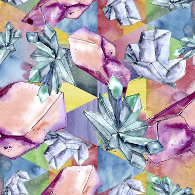 Renkli elmas taş takı mineral. Sorunsuz arka plan deseni. Kumaş duvar kağıdı yazdırma doku. Geometrik kuvars çokgen kristal taş mozaik şekil Ametist mücevher.