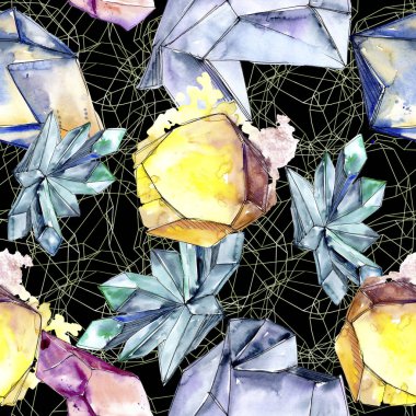 Renkli elmas taş takı mineral. Sorunsuz arka plan deseni. Kumaş duvar kağıdı yazdırma doku. Geometrik kuvars çokgen kristal taş mozaik şekil Ametist mücevher.