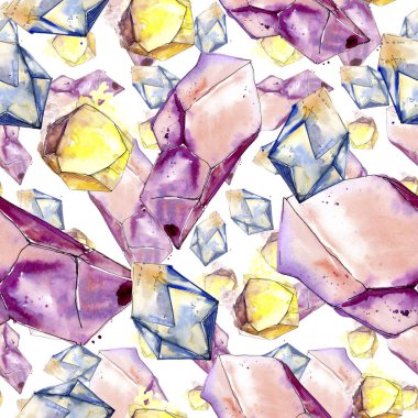 Renkli elmas taş takı mineral. Sorunsuz arka plan deseni. Kumaş duvar kağıdı yazdırma doku. Geometrik kuvars çokgen kristal taş mozaik şekil Ametist mücevher.