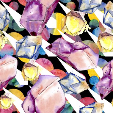 Renkli elmas taş takı mineral. Sorunsuz arka plan deseni. Kumaş duvar kağıdı yazdırma doku. Geometrik kuvars çokgen kristal taş mozaik şekil Ametist mücevher.