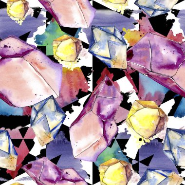 Renkli elmas taş takı mineral. Sorunsuz arka plan deseni. Kumaş duvar kağıdı yazdırma doku. Geometrik kuvars çokgen kristal taş mozaik şekil Ametist mücevher.