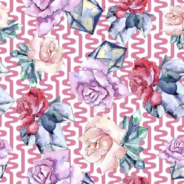 Renkli elmas taş takı mineral. Sorunsuz arka plan deseni. Kumaş duvar kağıdı yazdırma doku. Geometrik kuvars çokgen kristal taş mozaik şekil Ametist mücevher.