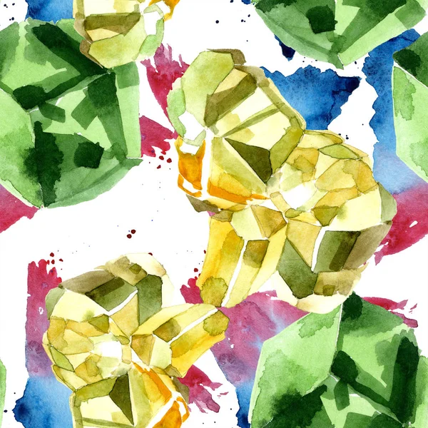 Green diamond rock jewelry mineral. Seamless background pattern. Fabric wallpaper print texture. Geometric quartz polygon crystal stone mosaic shape amethyst gem.
