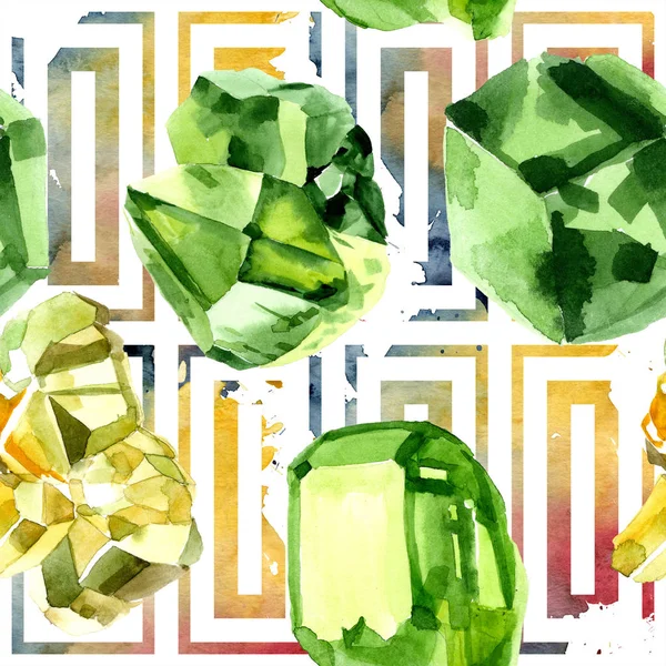 Green diamond rock jewelry mineral. Seamless background pattern. Fabric wallpaper print texture. Geometric quartz polygon crystal stone mosaic shape amethyst gem.