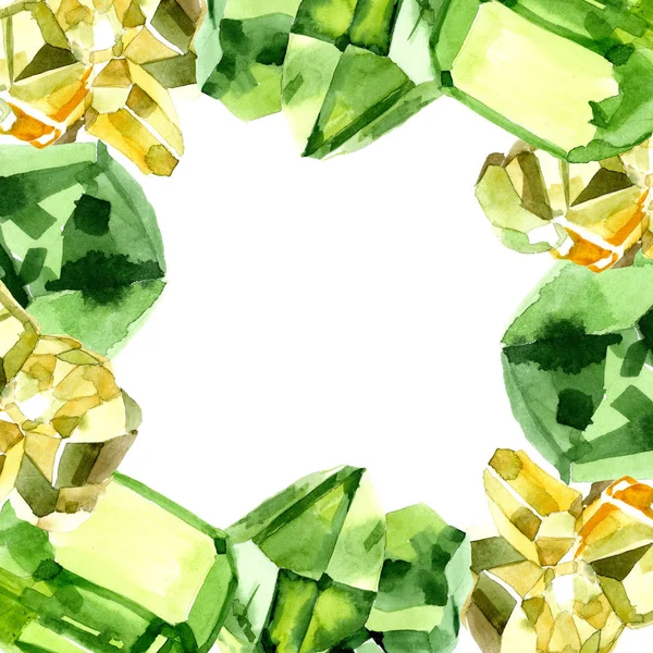 Green diamond rock jewelry mineral. Frame border ornament square. Geometric quartz polygon crystal stone mosaic shape amethyst gem.