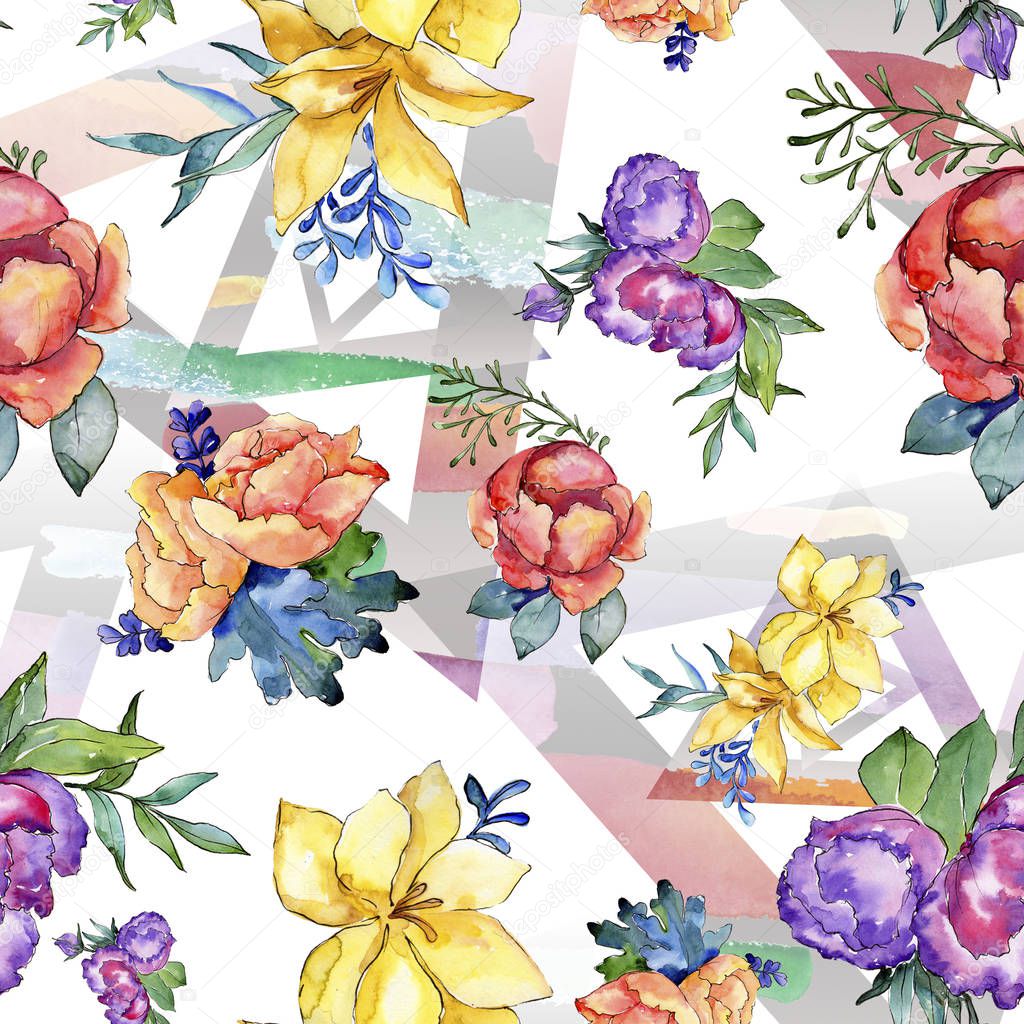 Watercolor colorful bouquet flower. Floral botanical flower. Seamless background pattern. Fabric wallpaper print texture. Aquarelle wildflower for background, texture, wrapper pattern, border.
