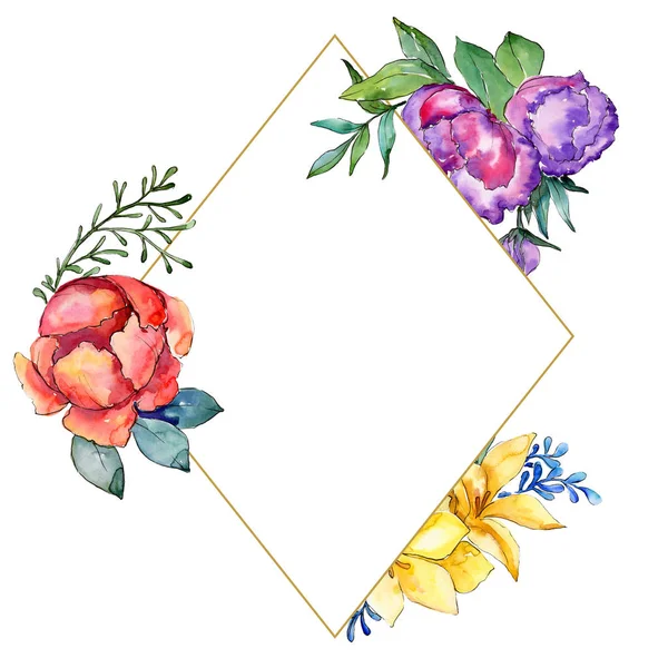 水彩のカラフルなブーケの花。花植物の花。フレーム枠飾りスクエア. — ストック写真