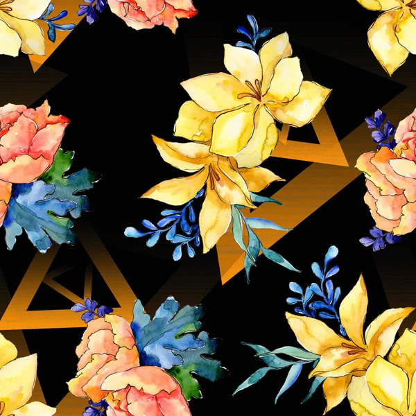 Sulu boya renkli buket çiçek. Botanik çiçek. Sorunsuz arka plan deseni. Kumaş duvar kağıdı yazdırma doku. Arka plan, doku, sarıcı desen, kenarlık için Aquarelle kır çiçeği.