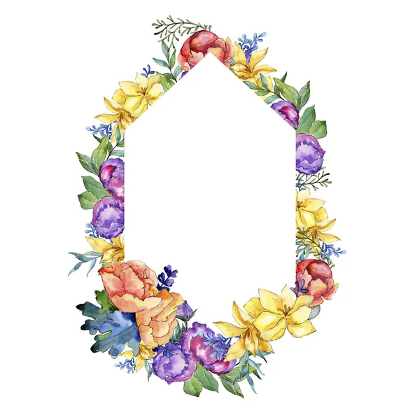Květinový Akvarel Barevné Kytice Květinové Botanické Květin Frame Hranice Ozdoba — Stock fotografie