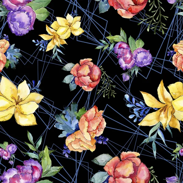 Akvarell Färgglad Bukett Blomma Blommig Botaniska Blomma Sömlös Bakgrundsmönster Tyg — Stockfoto