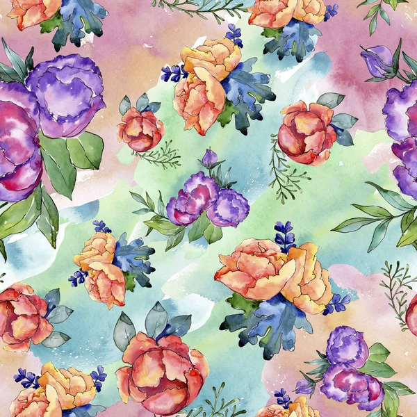 Sulu boya renkli buket çiçek. Botanik çiçek. Sorunsuz arka plan deseni. Kumaş duvar kağıdı yazdırma doku. Arka plan, doku, sarıcı desen, kenarlık için Aquarelle kır çiçeği.
