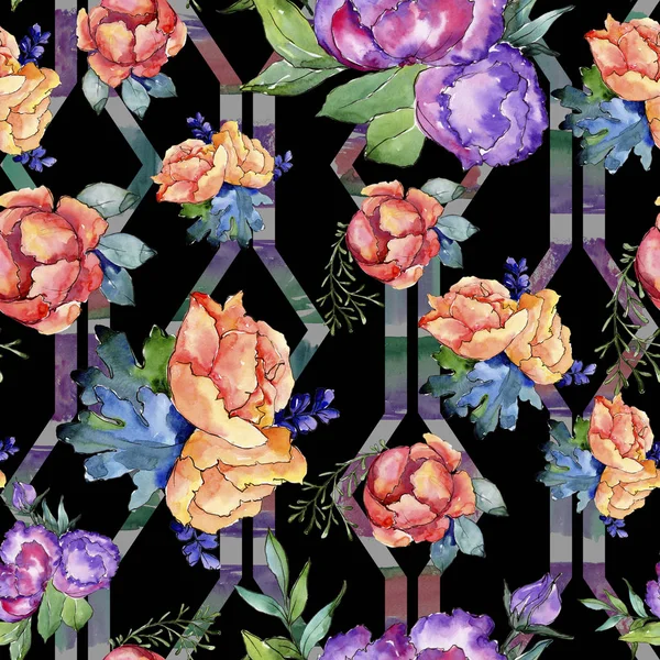 Sulu Boya Renkli Buket Çiçek Botanik Çiçek Sorunsuz Arka Plan — Stok fotoğraf